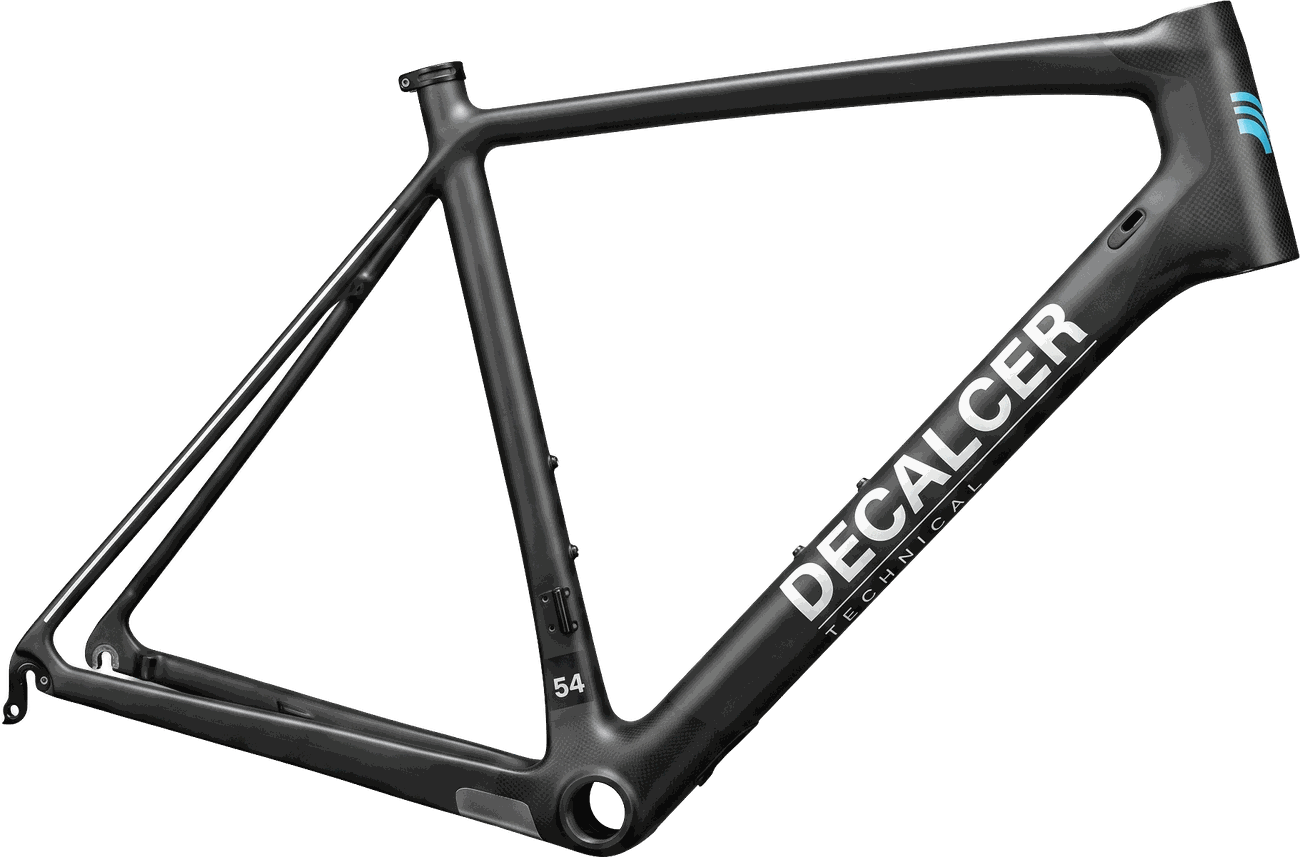A carbon bicycle frame with the decal applied along the down tube, under clear coat.